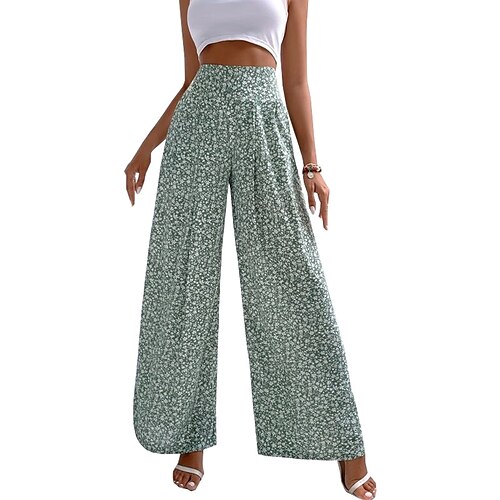 

Women's Wide Leg Pants Trousers Trousers Print Graphic Flower / Floral Full Length Casual Daily Chino Loose Fit Black / White Green High Waist Inelastic