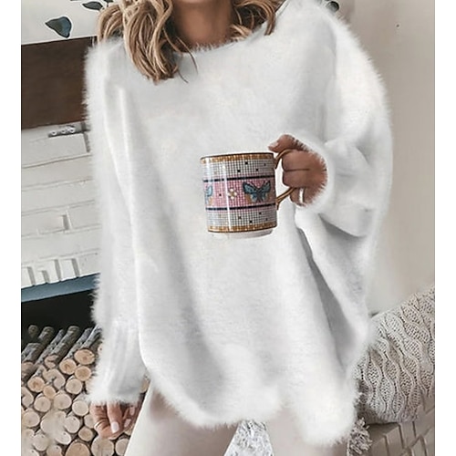 

Women's Pullover Sweater jumper Jumper Fuzzy Knit Cropped Knitted Pure Color Crew Neck Stylish Casual Daily Holiday Winter Fall Blue Gray S M L / Long Sleeve / Regular Fit