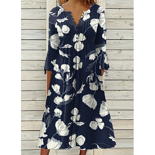 

Per donna Abito casual Vestito longuette Blu marino Manica a 3/4 Floreale Stampa Estate Primavera A V Moda 2023 S M L XL XXL 3XL