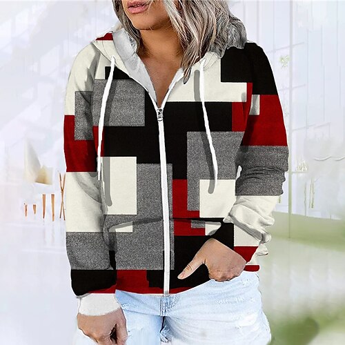 

Women's Plus Size Tops Hoodie Sweatshirt Geometry Zipper Print Long Sleeve Hooded Streetwear Daily Vacation Polyester Fall Winter Gray Red / 3D Print