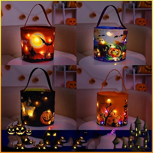 

Hot Sale Halloween Pumpkin Baskets Glowing Candy Buckets with Handle Portable Carton Ghost Trick or Treat Bags Gift Bucket