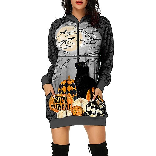 

Women's Pullover Hoodie Dress Cat Pumpkin Bat Pocket Print Halloween Weekend 3D Print Active Streetwear Clothing Apparel Hoodies Sweatshirts White Gray