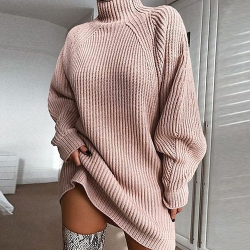 

Women's Sweater Dress Knit Dress Jumper Dress Mini Dress Knitwear Stylish Basic Print Pure Color Winter Dress Daily Holiday Fall Dress Turtleneck Long Sleeve Knit 2023 Loose Fit Pink Wine Light Grey