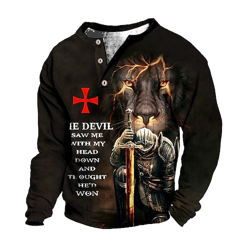 

Men's Sweatshirt Pullover Button Up Hoodie Black Brown Coffee Henley Collar Lion Knights Templar Graphic Prints Print Casual Daily Sports 3D Print Designer Casual Big and Tall Spring & Fall Clothing