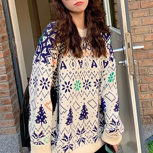 

Women's Ugly Christmas Sweater Pullover Sweater Jumper Ribbed Knit Patchwork Knitted Christmas Tree Crew Neck Stylish Casual Outdoor Christmas Winter Fall Red White One-Size / Long Sleeve / Weekend