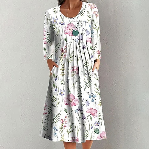 

Women's Casual Dress Midi Dress Blue White Long Sleeve Floral Print Winter Fall Autumn Loose Fit 2022 S M L XL 2XL 3XL