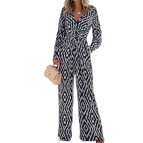 

Women's Jumpsuit Lace up Pocket Geometric V Neck Casual Daily Holiday Regular Fit Long Sleeve White S M L Winter