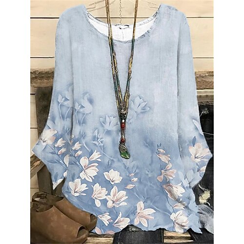 

Women's Plus Size Tops Blouse Shirt Floral Print Long Sleeve Crewneck Streetwear Daily Vacation Polyester Fall Winter Blue LightBlue