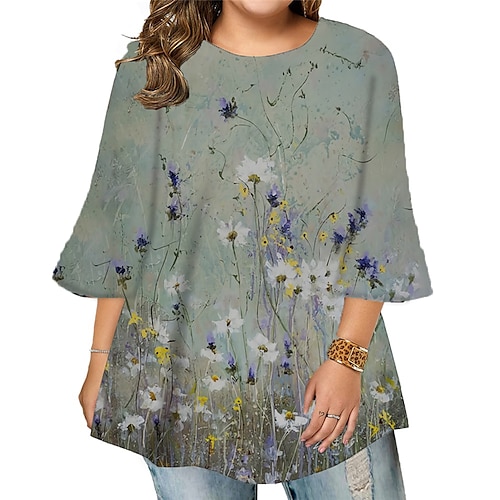 

Women's Plus Size Tops Blouse Shirt Floral Print 3/4 Length Sleeve Crewneck Casual Daily Holiday Cotton Spandex Jersey Fall Winter Green khaki