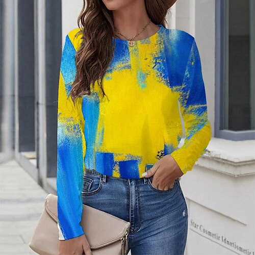 

Women's T shirt Tee Yellow Graphic Geometric Print Long Sleeve Casual Daily Vintage Round Neck Regular Geometric Painting S / 3D Print