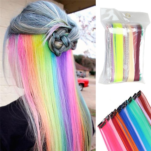 

12PCS 22Inch Synthetic Soft Adjustable Hair Extensions With Clips Heat Resistant Straight Hair Extensions Color Colored Black Hair Clip Women