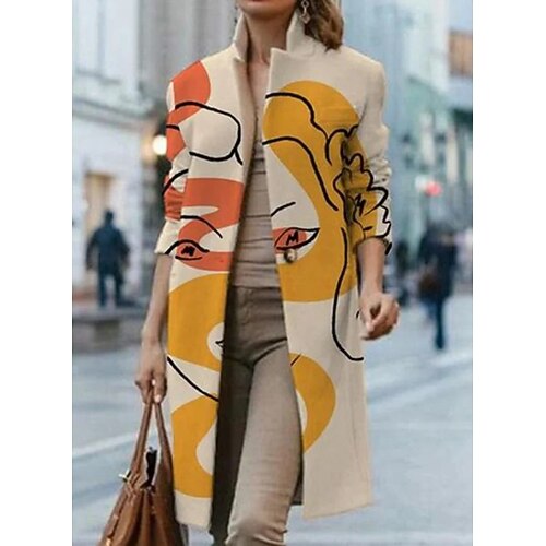 

Women's Winter Coat Comfortable Formal Office / Career Daily Print Single Breasted Collarless Office / career Print Regular Fit Outerwear Long Sleeve Winter Fall Khaki S M L XL XXL 3XL