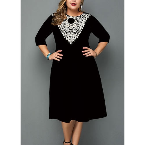 

Women's Plus Size Work Dress Geometric Crew Neck 3/4 Length Sleeve Fall Winter Work Formal Midi Dress Daily Vacation Dress / 3D Print