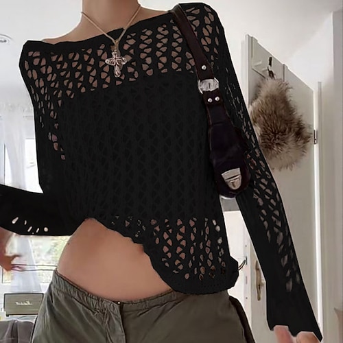 

Women's Pullover Sweater jumper Jumper Crochet Knit Knitted Hole Pure Color Crew Neck Stylish Sexy Outdoor Daily Winter Fall Beige Coffee S M L / Long Sleeve / Holiday / Regular Fit / Going out