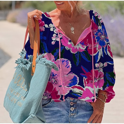 

Women's Blouse Shirt Royal Blue Brown Floral Lace up Print Long Sleeve Daily Weekend Streetwear Casual V Neck Regular Floral S / 3D Print