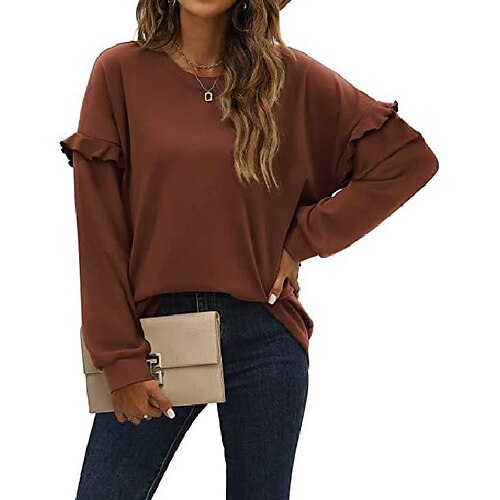 

women's clothing autumn and winter products hot selling solid color sweater round neck stitching ruffled long sleeves