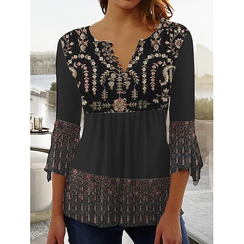 

Women's Shirt Button Print Floral Streetwear Casual Round Neck Blue Beige Black