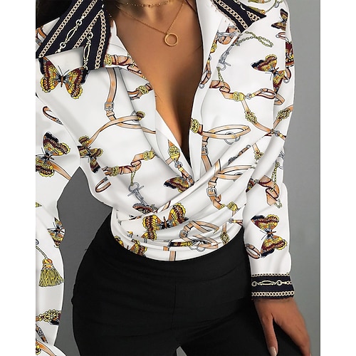 

Chemise Chemisier Femme Noir Blanche Jaune Floral Impression de chaînes Imprimer manche longue Sortie Col de Chemise Normal Standard S