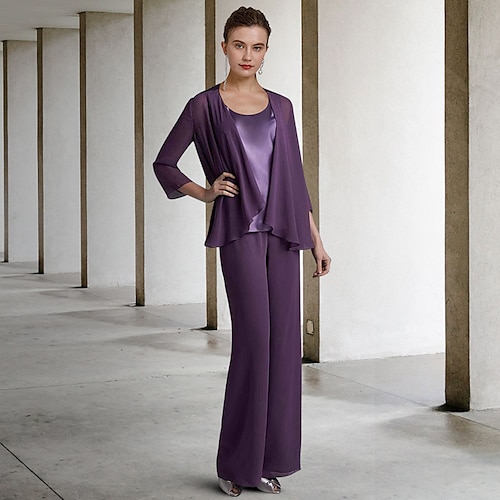 

Pantsuit 3 Piece Suit Mother of the Bride Dress Elegant Wrap Included Jewel Neck Floor Length Chiffon Charmeuse Cap Sleeve with Color Block Solid Color 2022