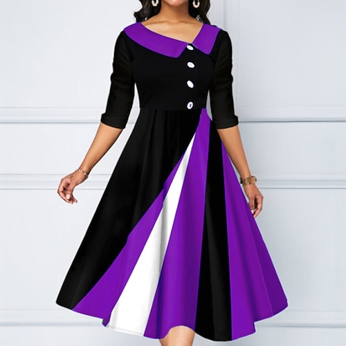 

Women's Casual Dress Swing Dress Midi Dress Blue Purple Khaki Long Sleeve Color Block Patchwork Winter Fall Autumn V Neck Winter Dress Fall Dress 2022 S M L XL 2XL 3XL 4XL 5XL