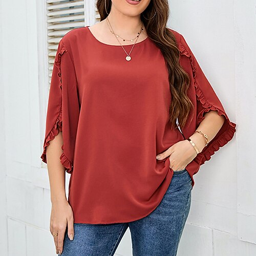 

Women's Plus Size Tops Blouse Shirt Plain Ruffle Half Sleeve Round Neck Casual Daily Vacation Polyester Fall Winter Red