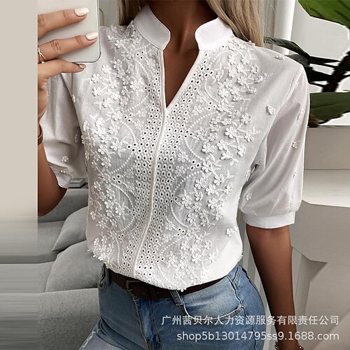 

Foreign Trade 2022 European And American Women's Summer New Fashion Stand-Up Collar Embroidered Hollow Air Quality Five-Point Sleeve Tops