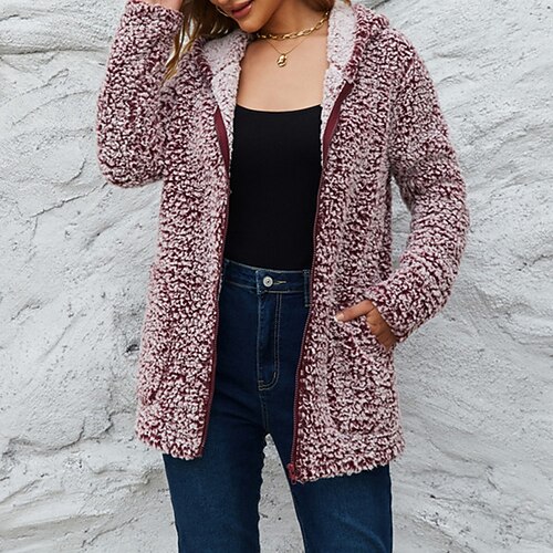 

Women's Sherpa jacket Fleece Jacket Teddy Coat Warm Breathable Outdoor Daily Wear Vacation Going out Pocket Open Front Hoodie Active Lady Comfortable Street Style Solid Color Regular Fit Outerwear