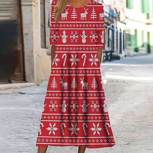 

Women's Christmas Casual Dress Swing Dress Midi Dress Wine Red Beige Long Sleeve Snowman Tree Snowflake Pocket Print Fall Winter Round Neck Vacation Casual 2022 S M L XL XXL 3XL