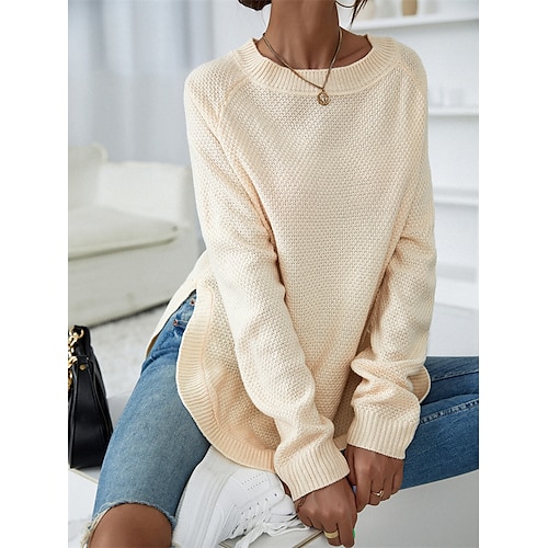 

Damen Pullover Strickwaren Waffel Stricken Gespleisst Strick Einfarbig Rundhalsausschnitt Stilvoll Casual Outdoor Täglich Winter Herbst Beige S / Langarm / Regular Fit / Ausgehen