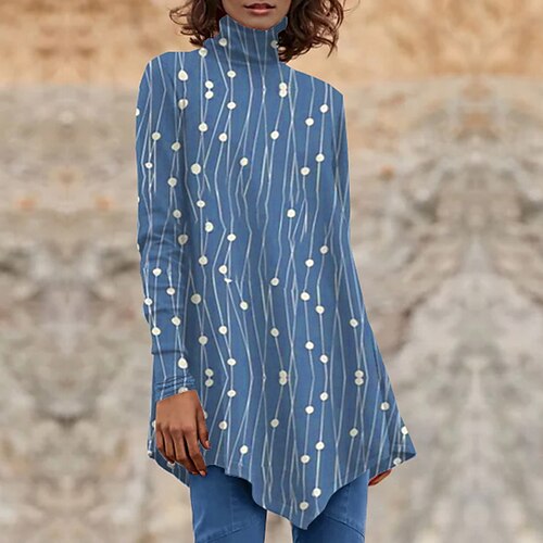 

Women's T shirt Tee Green Blue Purple Polka Dot Striped Print Long Sleeve Daily Weekend Basic High Neck Long Painting S / 3D Print