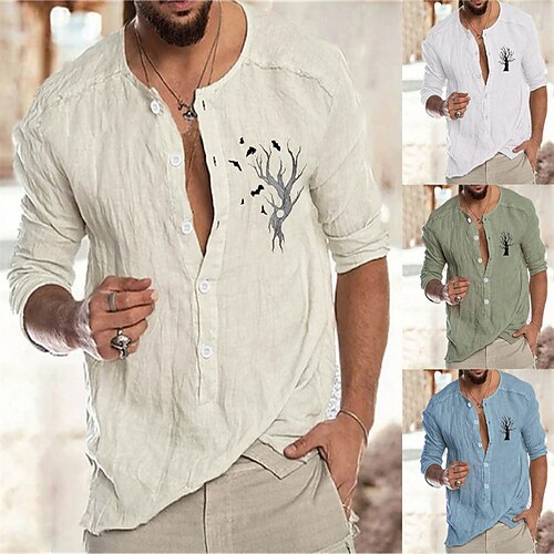 

Men's Shirt Graphic Tree Crew Neck Green Blue Beige White Hot Stamping Outdoor Halloween Long Sleeve Button-Down Print Clothing Apparel Fashion Designer Casual Big and Tall / Spring / Fall