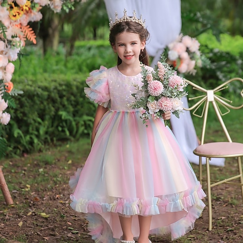 

Party Birthday Princess Flower Girl Dresses Jewel Neck Asymmetrical Tulle Sequined with Splicing Paillette Rainbow Sparkle & Shine Unicorn Cute Girls' Party Dress Fit 3-16 Years