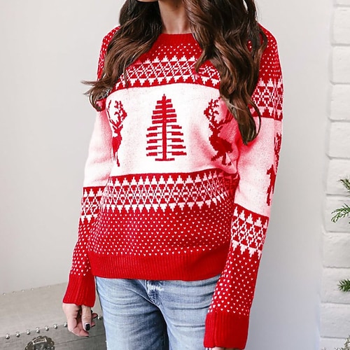 

Women's Ugly Christmas Sweater Pullover Sweater Jumper Ribbed Knit Knitted Animal Crew Neck Stylish Casual Christmas Holiday Winter Fall Green Royal Blue S M L / Long Sleeve / Geometric / Regular Fit