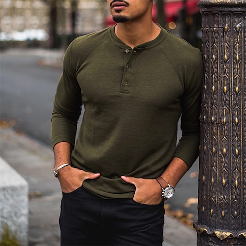 

Men's T shirt Tee Solid Colored Crew Neck Army Green Street Daily Long Sleeve Button-Down Clothing Apparel Fashion Designer Casual Comfortable / Sports