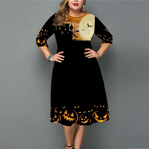 

Women's Plus Size Work Dress Pumpkin Crew Neck Print 3/4 Length Sleeve Fall Winter Vintage Work Knee Length Dress Halloween Going out Dress
