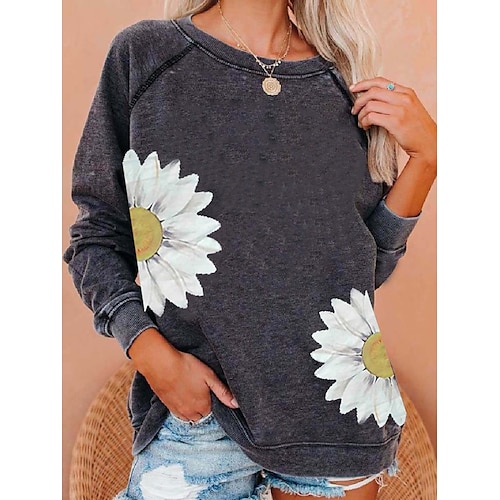 

Women's Sweatshirt Pullover Active Streetwear Print Black White Blue Floral Daily Crew Neck Long Sleeve Cotton