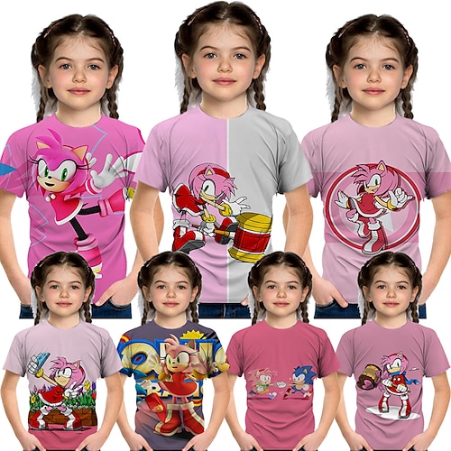 

Kids Girls' Sonic Amy Rose T shirt Tee Short Sleeve 3D Print Graphic Crewneck White Gray Pink Children Tops Fall Winter Cool Outdoor Daily Regular Fit 4-12 Years