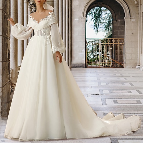

A-Line Wedding Dresses Jewel Neck Court Train Lace Organza Long Sleeve Formal Sexy Backless with Appliques 2022