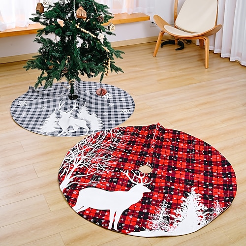 

New 120cm Red and Black Plaid Elk Printed Cartoon Tree Skirt Christmas Tree Bottom Atmosphere Supplies