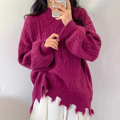 

Women's Pullover Sweater jumper Jumper Cable Knit Knitted Pure Color Crew Neck Stylish Casual Outdoor Daily Winter Fall Blue Purple One-Size / Long Sleeve / Holiday / Regular Fit / Going out