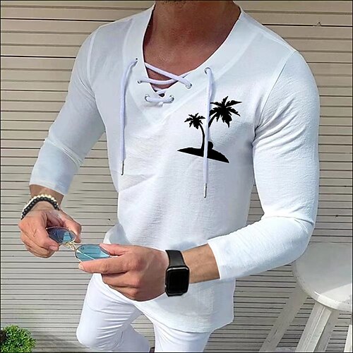 

Men's Shirt Solid Color Tree V Neck White Black Blue Gray Pink 3/4-Length Sleeve Outdoor Street Drawstring Print Tops Fashion Designer Casual Breathable / Summer / Spring / Summer