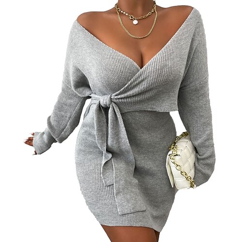 

Women's Plus Size Sweater Jumper Dress Solid Color V Neck Long Sleeve Fall Winter Casual Sexy Short Mini Dress Daily Holiday Dress