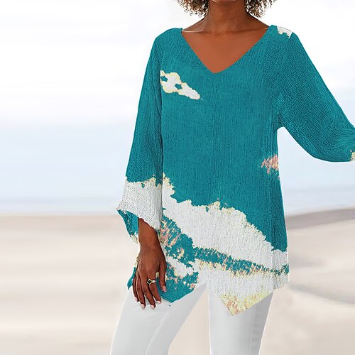 

Women's Blouse Shirt Green Blue Pink Floral Geometric Asymmetric Print Long Sleeve Daily Weekend Streetwear Casual V Neck Long Floral Geometric S / 3D Print