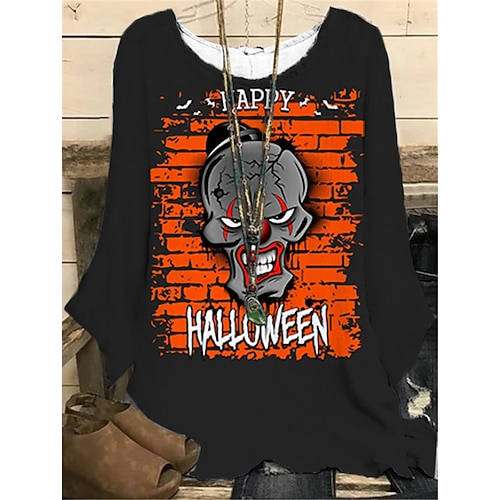 

Women's Plus Size Tops Blouse Shirt Skull Letter Print Long Sleeve Crewneck Casual Halloween Halloween Vacation Polyester Fall Winter Black