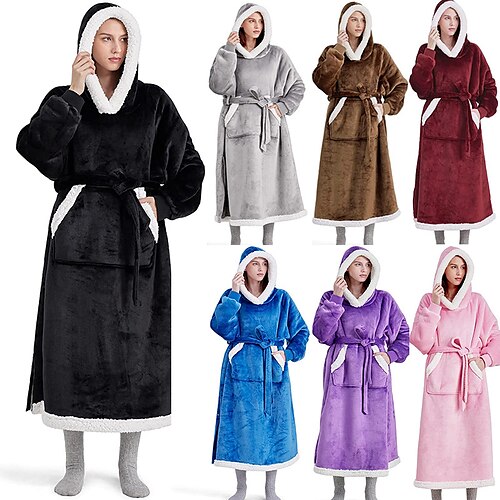 

Ovesized Wearable Blanket Winter Hoodie Blanket, Long Sherpa Fleece Blanket Sweatshirt, with Warm Big Hood, Side Split and Belt, Grey, Standard