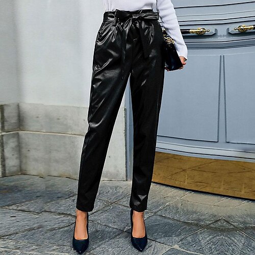 

Women's Pants Trousers PU Black Fashion Daily Weekend Side Pockets Ankle-Length Comfort Plain S M L XL