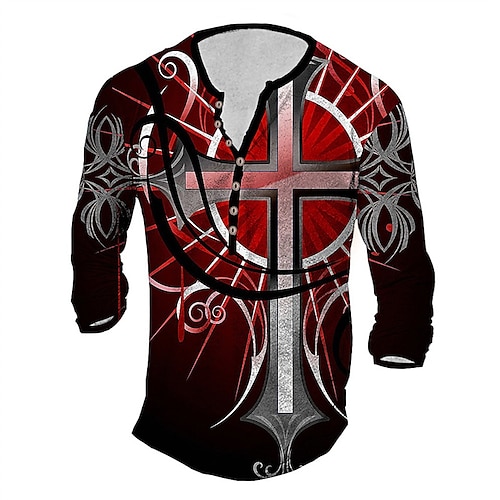 

Men's T shirt Tee Henley Shirt Tee Graphic Cross Henley Red 3D Print Plus Size Outdoor Daily Long Sleeve Button-Down Print Clothing Apparel Basic Designer Classic Comfortable / Sports