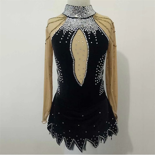 

Figure Skating Dress Women's Girls' Ice Skating Dress Black Thumbhole Spandex High Elasticity Training Competition Skating Wear Handmade Crystal / Rhinestone Long Sleeve Ice Skating Figure Skating