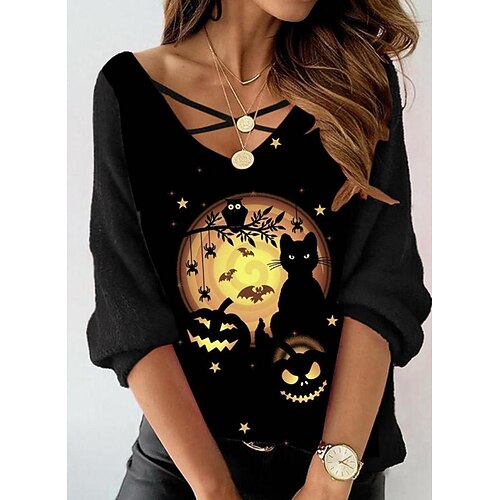 

Women's T shirt Tee Black Cat Pumpkin Print Long Sleeve Halloween Weekend Basic V Neck Regular Cat Painting S / 3D Print