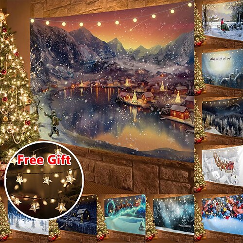 

Christmas Tapestry Tree Wall Hanging Fireplace Farmhouse hotography Background Home Decor Red Socks Livingroom Bedroom Party Place (with LED Lights)